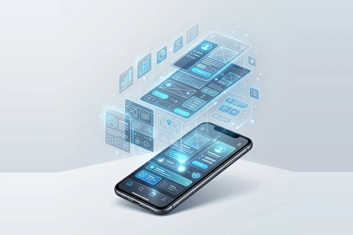 Interface moderna de aplicativo em smartphone com telas flutuantes de dados e formulários