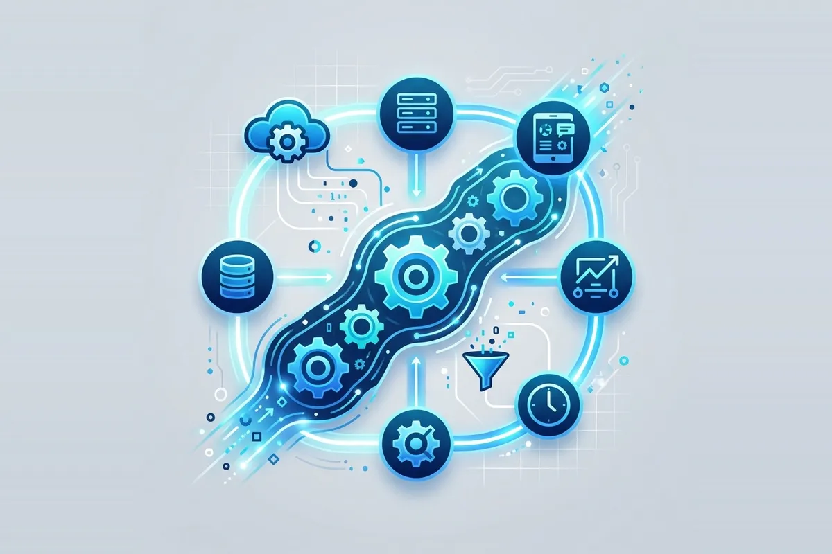 Diagrama de engrenagens digitais conectando nuvem, servidores e relatórios automáticos