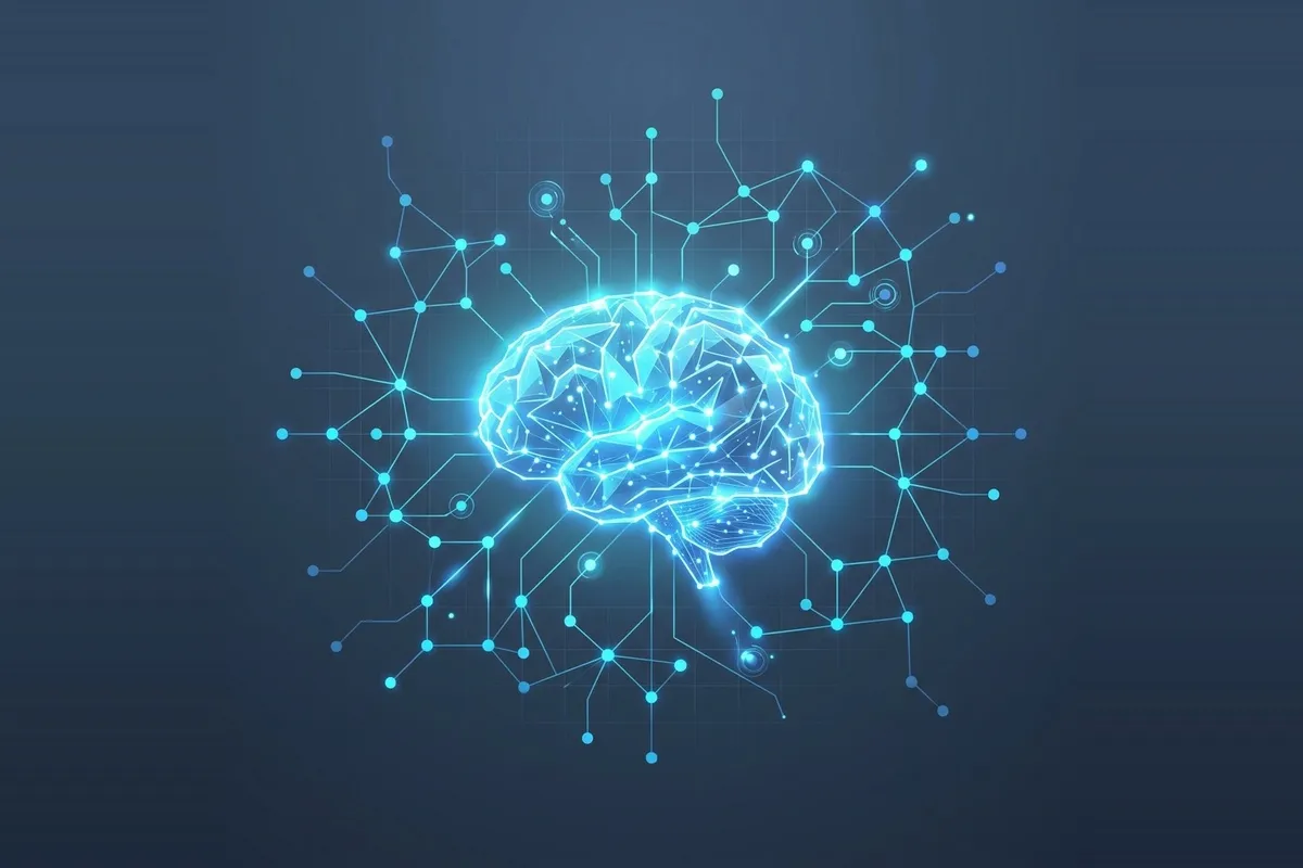 Estrutura neural luminosa em formato de cérebro representando inteligência artificial e conexões de dados
