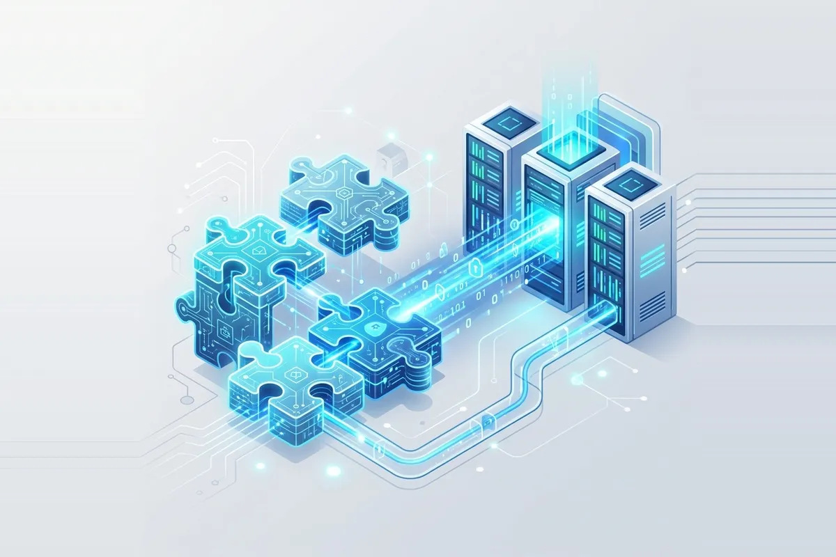 Servidores em rack conectados a peças de quebra-cabeça luminosas representando transferência de dados e APIs