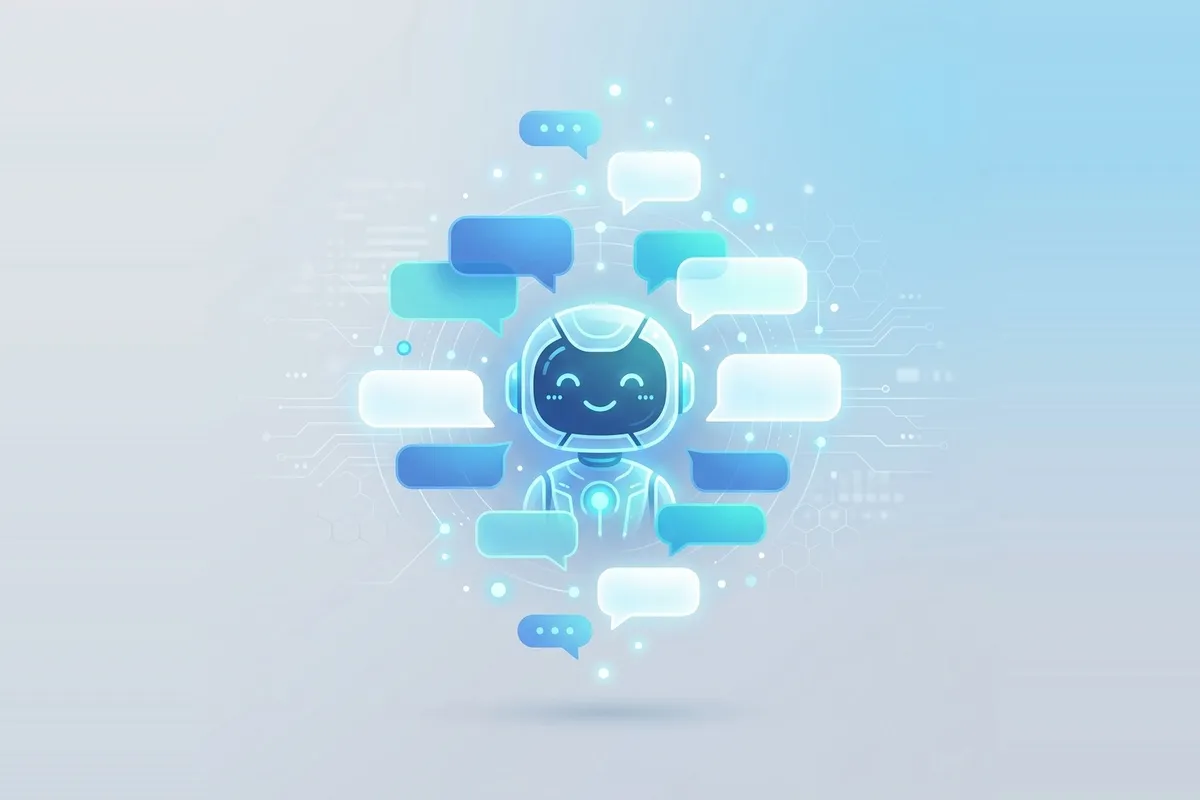 Assistente virtual amigável cercado por balões de conversa iluminados representando mensagens no WhatsApp